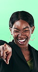 Face, smile and black woman pointing at you for choice, recruitment or selection in studio. Portrait, business person and gesture for decision, opportunity and hiring or promotion on green background