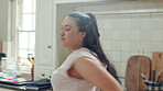 Happy, dancing and woman with snack in kitchen for positivity, good mood and energy with music. Apartment, weekend and person with movement, rhythm and groove for break, me time and relax with radio