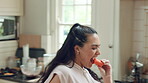 Vegetables, dance and woman eating in kitchen with good mood, breakfast and healthy food at home. Excited, singing and person with carrot for nutrition, wellness and listening to music on weekend