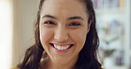 Smile, education and face of woman in home with confidence for university knowledge in lounge. Library, happy and portrait of female student with calm in living room with college learning at house.