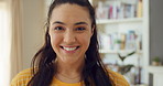 Happy, education and face of woman in home with confidence for university knowledge in lounge. Library, smile and portrait of female student with calm in living room with college learning at house.