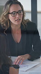 Corporate, documents and woman with business people in meeting for finance report, budget and portfolio. Team, office and workers with paperwork in discussion for financial strategy, proposal and 
