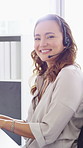 Face, headset and happy woman in call center, telemarketing and customer feedback for telesales. Portrait, sales consultant and person with tech in office for lead generation, smile and coworking