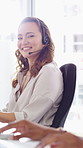 Computer, face and woman with microphone in call center for IT help desk, network question or flare. Teamwork, happy agent and typing for inbound query, technical support and colleague advice on CRM