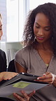 Tablet, review and business people in office with conversation, plan and document for public relations. Women, talk and paperwork in pr agency with tech, collaboration and planning for press release.