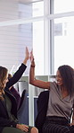 Reading, excited or business people with high five in office,  property offer or sale for celebration. Winning, realtor or women with fist pump for real estate deal, achievement or smile for success