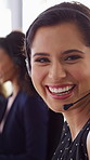 Laughing, face and woman with mic, call center and chatting with contact for sales and telemarketing. Happy, agent and person with headset for communication, coworking and lead generation in office