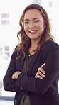 Pride, face or realtor in agency with arms crossed, career growth or ambition in property management. Real estate, portrait or woman with smile, opportunity or confidence in commercial development.