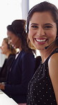 Happy woman, face or consultant with headset in call center office for online advice or support. Portrait, female person or agent talking with smile or mic for virtual assistance or help in workplace