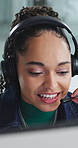 Computer, headset and support with woman in call center for conversation, help or solution. Assistance, contact us and feedback with happy agent in office for consulting, crm or customer service