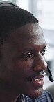 Headset, support and talking with black man in call center for advice, consulting or feedback. Assistance, contact us and smile with agent in office for communication, customer service or solution