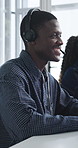 Call center, man and technical support with smile, talk or help desk for coworking in office. Headset, happy and IT consultant with tech for software troubleshooting, customer service or contact us