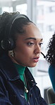 Call center, woman and help with telemarketing team, training and feedback for product knowledge. Headset, coaching and consultant talk to trainee for problem solving, question and sales advice