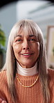 Video call, talking and face of woman in house with communication, advice or gossip in living room. Disappointed, POV and portrait of mature person on virtual conversation for contact in apartment.