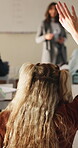 Student, education and question for lesson in classroom, listen and teacher with project explanation. Back, learner and person with knowledge, discussion and answer for exam and learning in school