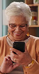 Reading, phone and senior woman in home, word game and online brain teaser for retirement wellness. App, crossword puzzle and old person with mobile for smile, play memory activity and entertainment