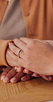 Comfort, holding hands and senior mother with trust, care and retirement with compassion at home. Elderly mom, support and women together with connection, understanding and empathy with daughter