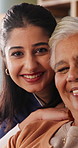 Face, caregiver and old woman in nursing home with support, assistance and healthcare for wellness. Happy, nurse and senior person in retirement center with elderly care, help and bonding together.