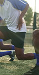 Legs, people and lunges for soccer, fitness or practice for running guide and exercise. Athlete, team and warm up for football tournament, drill workout and performance for game training on field