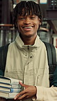 Face, black man and student with books at library for education, studying and learning opportunity. Portrait, male person and research for knowledge, academic scholarship and college course at campus