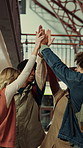Education, high five and laughing with friends at school together for motivation or team building. Funny, learning and success with group of student people at college or university for study goals