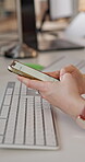 Hands, phone and typing with business person at desk in office for feedback, planning or research. App, fingers and report with employee in workplace for communication, text message or review