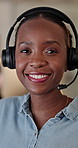Face, consultant or black woman with headset in call center for online advice or customer service. Portrait, female person or agent with smile or mic for virtual assistance or communication in office