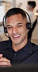Contact, computer or man with headset in call center, telemarketing or sales pitch for insurance policy. Smile, explain offer or agent with tech for networking, lead generation or premium details