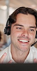 Laughing, computer or man with headset in call center, telemarketing or pitch for insurance policy. Happy, explain offer or sales agent with tech for networking, lead generation or premium details