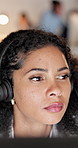 Woman, headset and reading in call center with computer, script review and telemarketing at night. Insurance agent, tech and thinking in agency for claims update, email feedback and overtime business