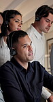 Talking, headset and supervisor with team in call center for feedback, support or training. Teaching, consulting and conversation with manager and people in agency office for customer service advice