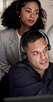 Call center, computer and mentor with business people in office for sales consultant, advice and help desk. Feedback, contact us and B2B coaching with employees in telecom agency for customer service