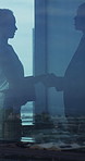 Window, handshake and shadow of business people in office with finance deal, agreement or partnership. Meeting, greeting and financial manager shaking hands with client for investment contract.