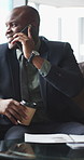 Phone call, business and black man in lobby for contact, communication and chat in office. Corporate, professional and person on cellphone for discussion, conversation and finance advice with coffee