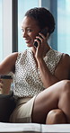 Phone call, happy and business woman in lobby for contact, communication and chat in office. Corporate, professional and person on cellphone for discussion, conversation and advice with coffee