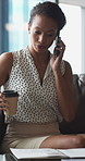 Phone call, coffee and business woman in lobby for contact, communication and paperwork in office. Corporate, documents and person on cellphone for discussion, conversation and financial consulting