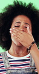 Black woman, yawn and tired in studio with fatigue, afro and exhausted with flash on green background. African girl, fashion model and burnout with trendy style, overworked or brain fog with thinking