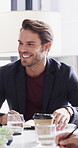 Happy man, talk and team with ideas in meeting, discussion or planning for investment with paperwork. Business people, smile and collaboration with documents, conversation and financial development