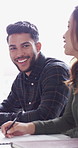 Happy man, face and talk with team in meeting, discussion or planning for investment with paperwork. Business people, laugh and collaboration with documents, conversation and financial development