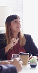 Woman, planning and meeting with paperwork in office, teamwork and ideas for investment opportunity. Business people, discussion and collaboration with documents, happy and financial development