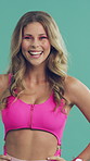Face, laughing and makeup with aerobics woman in studio for fitness, reaction or retro fashion. Funny, health and pink outfit with excited instructor on green background for wellness aesthetic