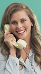 Greeting, face and woman with landline, retro aesthetic or phone call with friendly conversation. Happy, hello or person with vintage telephone, communication or introduction on studio background.
