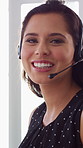 Face, smile and woman in call center with customer inquiry, about us and talking for assistance. Typing, help desk consultant and person with computer at office for support, crm and coworking