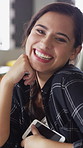 Happy, phone and face of woman in coffee shop for social media, online chat and networking. Laugh, restaurant and portrait of person on cellphone for message, text and funny joke on internet in cafe