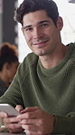 Face, phone and man with drink in coffee shop for social media, online chat and networking. Happy, restaurant and portrait of person on cellphone for message, text and contact with beverage in cafe