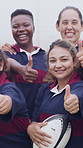 Face, team and thumbs up outdoor with sports practice, smile or accomplishment for training together. Happy, women and rugby ball with group diversity, like emoji or teamwork for fitness achievement.