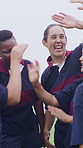 Excited, rugby and women with high five outdoor for fitness goals, celebration and winning competition. Smile, people and gesture for team victory, motivation and accomplishment of sports achievement