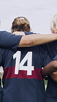 Walking, sports team and people with hug on field, practice solidarity and support for competition. Outdoor, rugby player or women with embrace for bonding, back or collaboration for fitness training