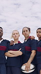 Face, women and rugby team with confidence for sports, game training and serious together at field. Portrait, players and athlete with ball outdoor for exercise, arms crossed and fitness pride