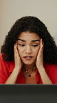 Woman, stress and remote work in home with laptop, online glitch and logo design error for campaign. Freelance, graphic designer and person with computer, problem and challenge for creative project.